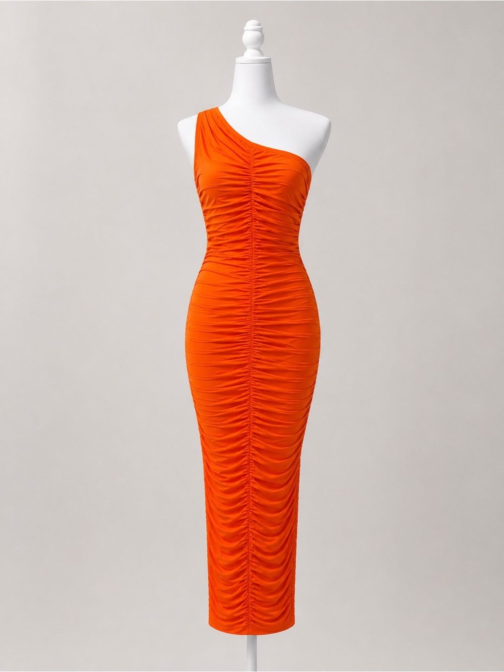 Orange One Shoulder Ruched Midi Dress Size S